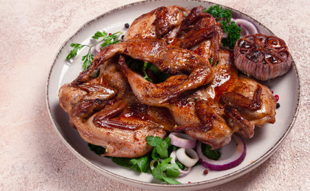 fried, quail meat, tobacco (tapaka), with spices, homemade, no people,の写真素材