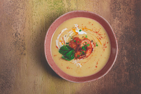 pumpkin cream soup with shrimp, herbs and spices, homemade, no people,