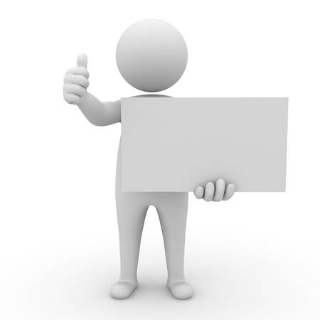 3d man holding blank board and thumbs up on white backgroundの写真素材