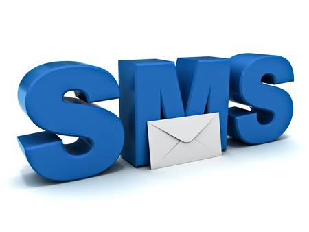 Sms or short message service concept, word sms with mail envelope on white backgroundの写真素材