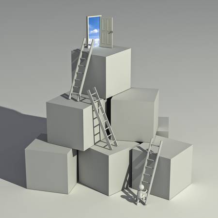 Ladder of success concept, 3d man climbing ladders to the top of the boxes on white backgroundの写真素材