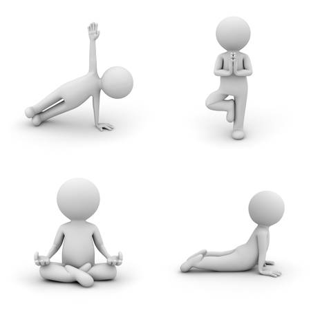 3d man doing yoga exercise isolated on white backgroundの写真素材