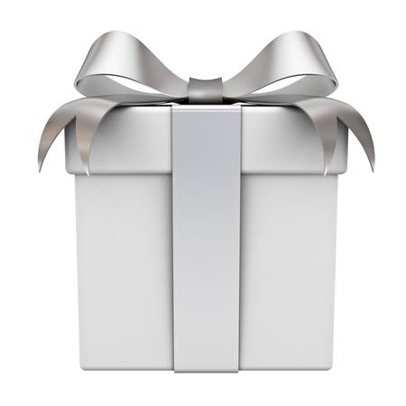 Gift box with silver ribbon bow isolated on white background Gift box with silver ribbon bow isolated on white background