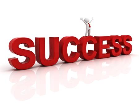 Success in business concept happy 3d man standing on top of the word success over white background...