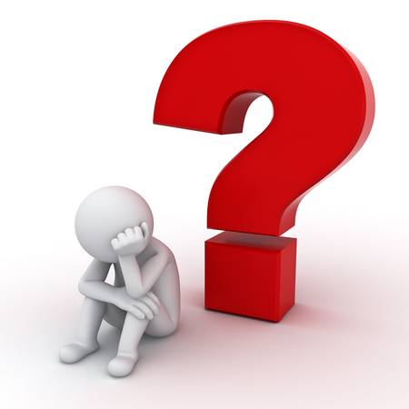 3d man sitting with red question mark over white background