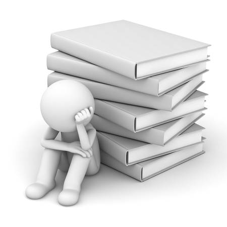 Worried 3d man sitting with stack of books over white backgroundの写真素材
