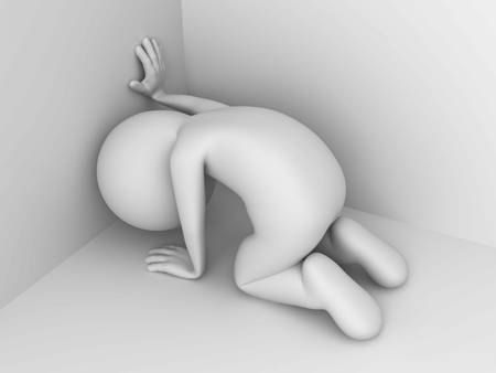Depressed 3d man getting down on knees in corner of roomの写真素材