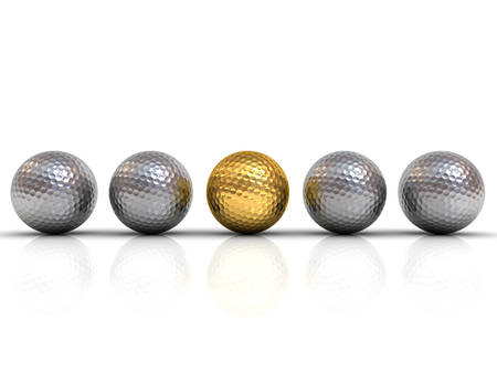 Gold golf ball among silver golf balls stand out from the crowd concept isolated on white background with shadow and reflection 3D renderingの写真素材