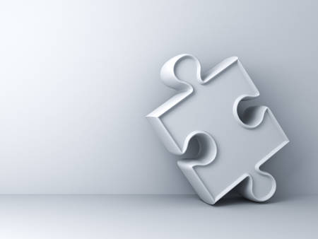 White jigsaw puzzle piece on white wall background with shadow 3D rendering