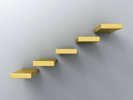 Abstract gold stairs or steps concept on white wall background with shadow 3D rendering