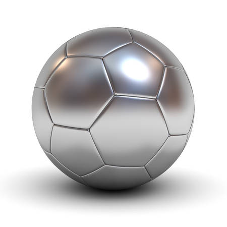 Metallic chrome soccer ball isolated over white background with reflection and shadow 3D renderingの写真素材