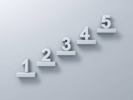 Abstract stairs or steps concept on white wall background with number one to five 3D renderingの写真素材