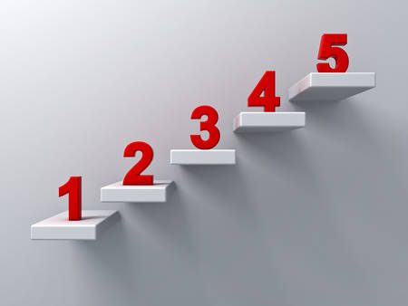 Abstract stairs or steps concept on white wall background with red number from one to five 3D renderingの写真素材