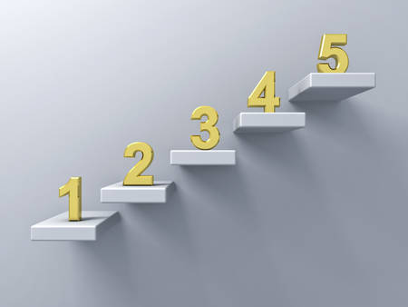 Abstract stairs or steps concept on white wall background with gold number from one to five 3D renderingの写真素材