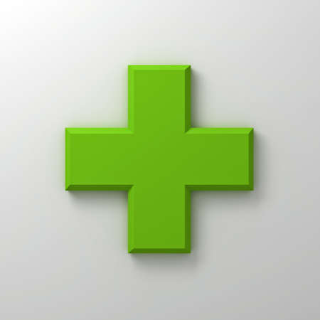 Green plus sign abstract on white wall background with shadow 3D renderingの写真素材