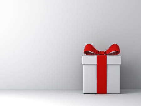 Gift box with red ribbon bow and empty white wall background abstract 3D renderingの写真素材