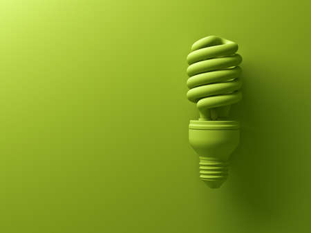 Green eco energy saving compact fluorescent light bulb isolated on green background with shadow , the same color abstract creative idea concept . 3D rendering.の写真素材