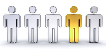 One gold man standing out from the crowd , individuality and different creative idea concept isolated over white background with shadow. 3D rendering.の写真素材