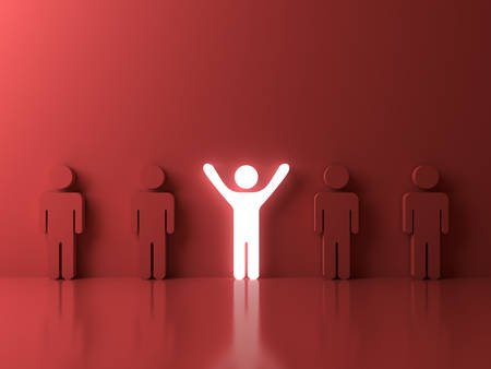 Stand out from the crowd and different creative idea concepts , One glowing light man standing with arms wide open among other people on red background with reflections and shadows . 3D rendering.の写真素材