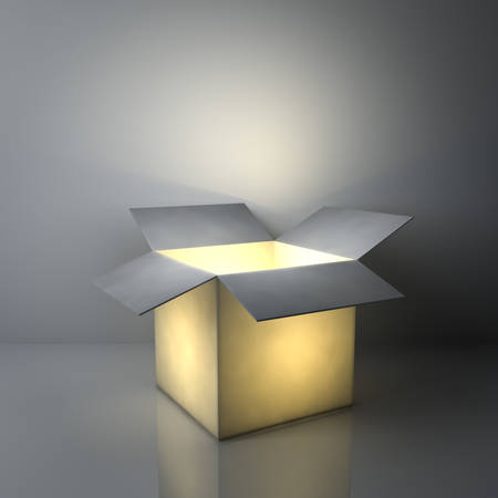 Creative idea concepts , One luminous opened light box glowing on dark grey background with...