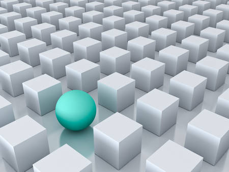 Stand out from the crowd and different creative idea concepts , One green sphere among other white...