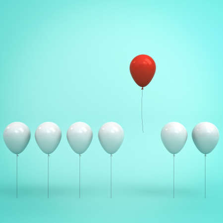 Stand out from the crowd and different concept , One red balloon flying in the air away from other...