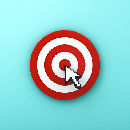 Arrow cursor clicking in the center of the red dart board or target isolated on green pastel color background with shadow . 3D rendering.の写真素材