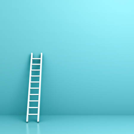 White ladder on light blue wall background with reflection and shadow . 3D rendering.の写真素材