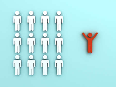 Stand out from the crowd and different concept , One red man standing with arms wide open isolated from other people on light green pastel color background with reflections and shadows . 3D rendering.の写真素材