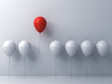 Stand out from the crowd and different concept , One red balloon flying away from other white balloons on white wall background with window reflections and shadows . 3D rendering.の写真素材