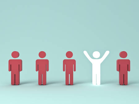 Stand out from the crowd and different creative idea concepts , One glowing light man standing with arms wide open among other red people on green pastel color background with shadows . 3D rendering.の写真素材