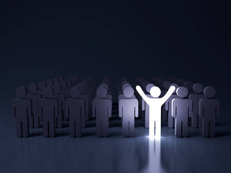 Stand out from the crowd and different creative idea concepts , One glowing light man standing with arms wide open among other people in the row on dark blue background with reflection . 3D rendering.の写真素材