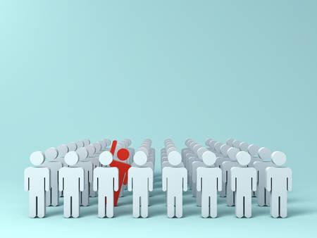 Stand out from the crowd and different creative idea concepts , One red man raising his hand among other white people on light green pastel color background with shadows . 3D rendering.の写真素材