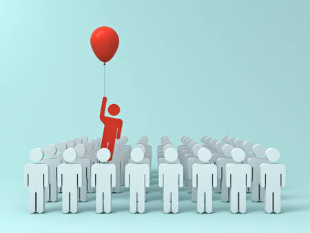 Stand out from the crowd and different creative idea concept , One man flying away from other people with red balloon on light green pastel color background with shadows . 3D rendering.の写真素材