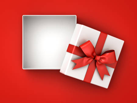 Open gift box , present box with red ribbon bow and blank space in the box isolated on red background with shadow . 3D rendering.の写真素材