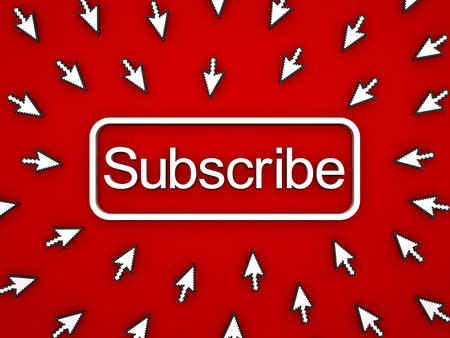 Subscribe button with many computer arrow cursors on red background. 3D rendering.の写真素材