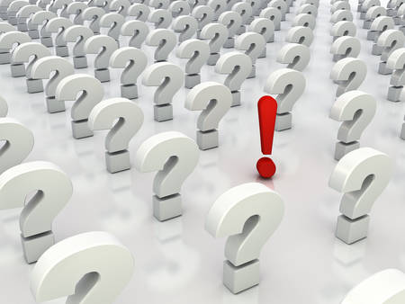 One red exclamation mark standing out from white question marks on white background with reflection . 3D rendering.の写真素材