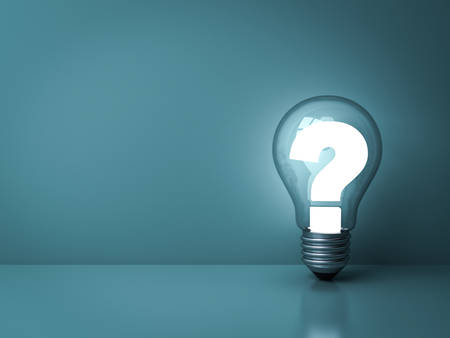 Question mark glowing in glass light bulb on dark green background with shadow and reflection . 3D rendering.の写真素材