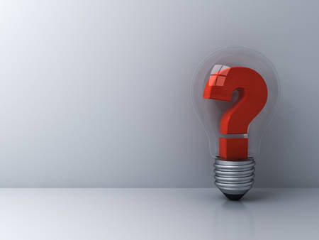 Red question mark in glass light bulb on white background with shadow and reflection . 3D rendering.の写真素材