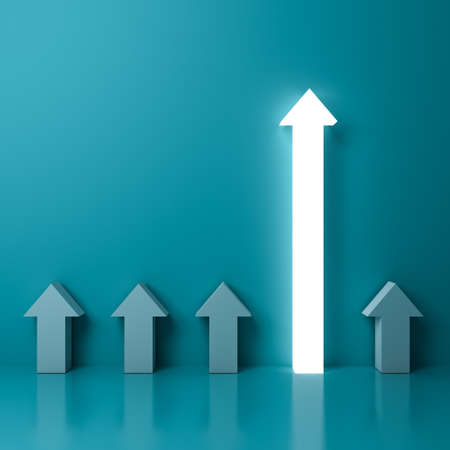 Stand out from the crowd and different concept , One longer glowing arrow  among other dim arrows on...