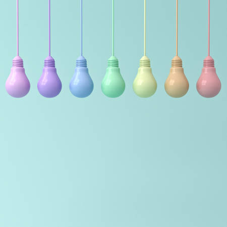 Colorful hanging light bulbs on green cyan pastel color background. 3D rendering.の写真素材