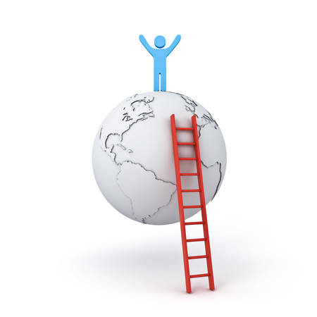 Man climbing ladder to standing with arms wide open on top of the world the business goal concept isolated over white background with shadow  . 3D rendering.の写真素材