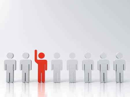 Stand out from the crowd and different creative idea concepts One red man raising his hand among other white people on white gray background with shadows and reflections 3D renderingの写真素材