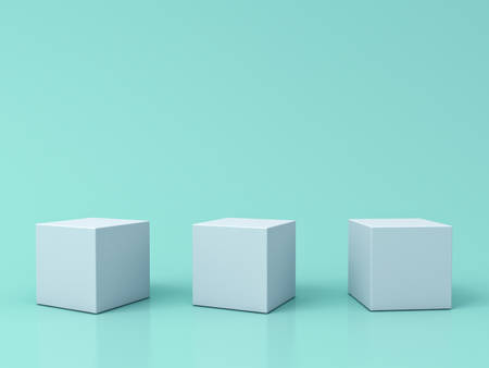 Three blank white box podiums isolated on green pastel color background with reflections and shadows...