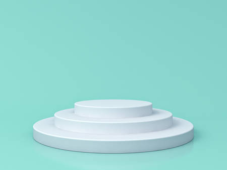 Blank white podium isolated on blue green pastel color background with reflections and shadows 3D renderingの写真素材