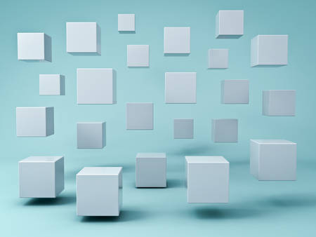 Abstract white flying 3d cubes on green cyan pastel color background with reflection and shadows 3D renderingの写真素材