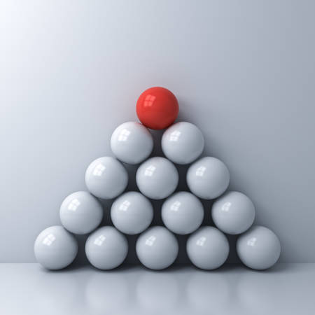 Stand out from the crowd and Leadership creative idea concepts One red sphere standing on top of the other white spheres on white wall color background with reflections and shadows 3D renderingの写真素材