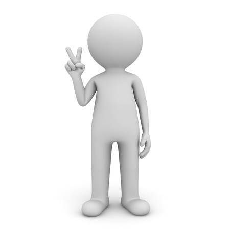 3d man standing and showing victory sign gesture isolated over white background with shadow 3D rendering