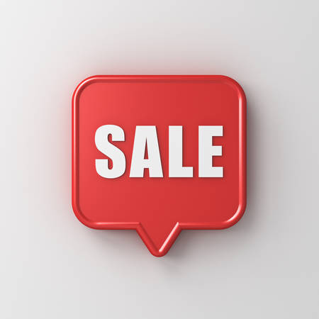 Sale word on red speech bubble pin isolated on white wall background with shadow 3D rendering