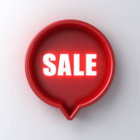 Neon light sale word on red speech bubble pin box isolated on white wall background with shadow 3D...